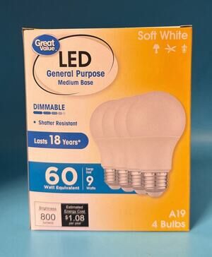 Great Value LED A19 2700K Soft White 60W Eq 9W 800lm Dimmable 4-Pack new in box